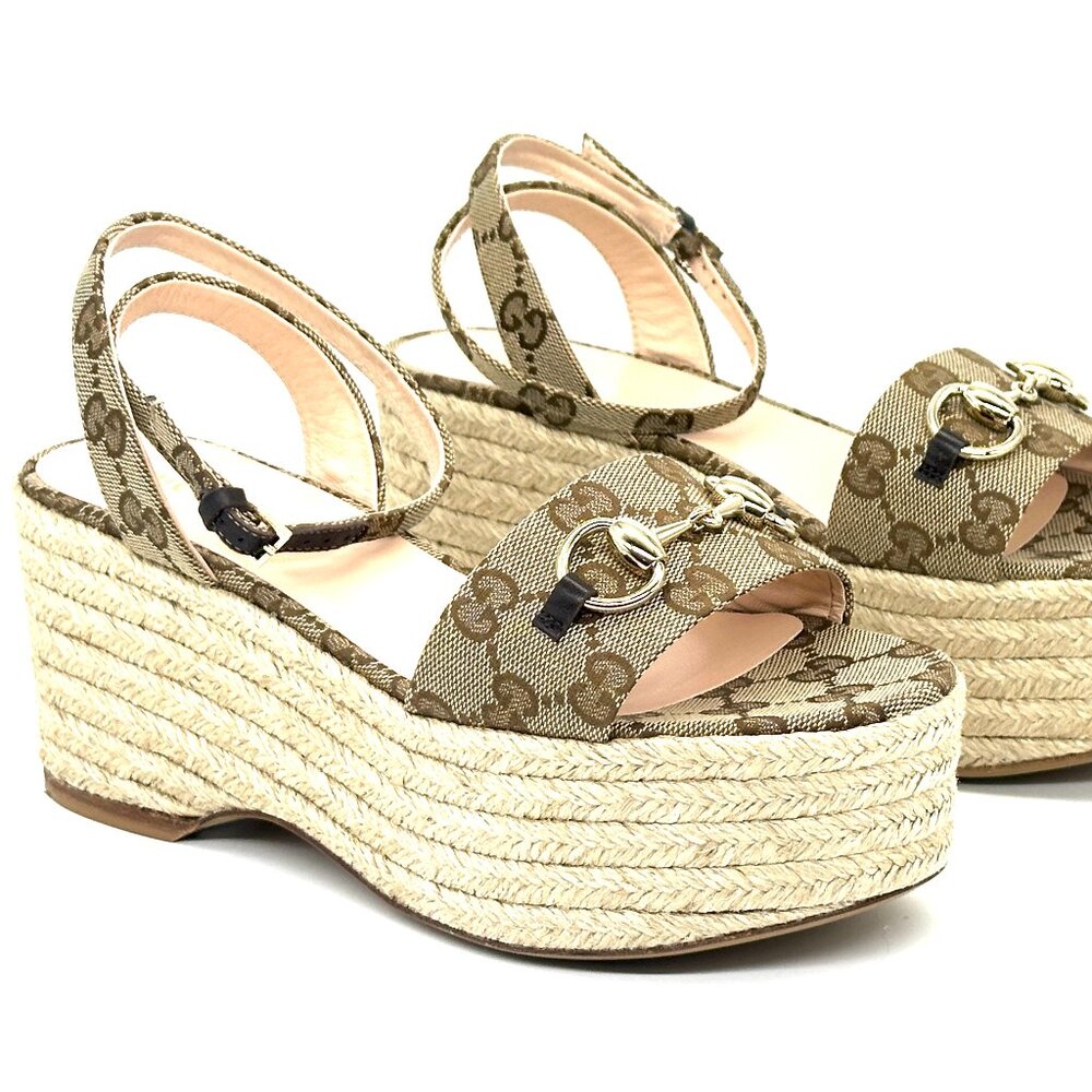 Gucci Horsebit GG Supreme Platform Espadrille Wedge Heel Sandals Shoes - Picture 9 of 16